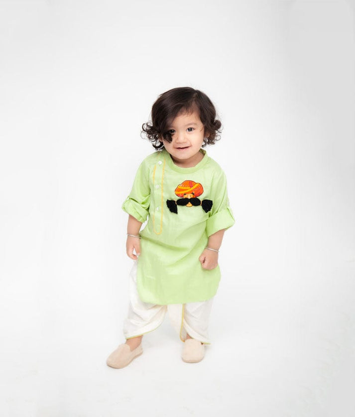 Fayon Kids Green Kurta with Off White Dhoti for Boys