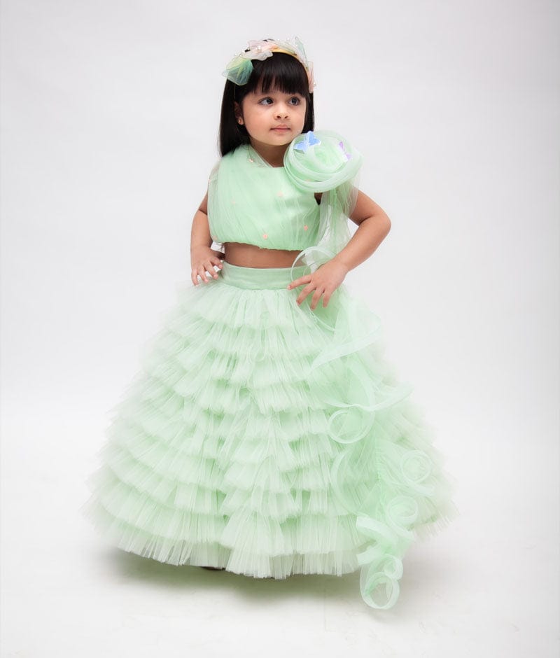 Buy Kinder Kids Frill Cap Sleeves Embroidered & Gota Lace Embellished Choli  With Lurex Striped Lehenga & Dupatta Green & Pink for Girls (12-13Years)  Online in India, Shop at FirstCry.com - 13737819