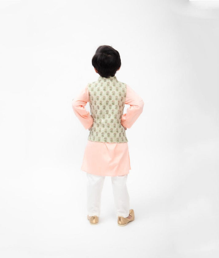 Fayon Kids Green Printed Jacket with Peach Kurta Off White Pant for Boys