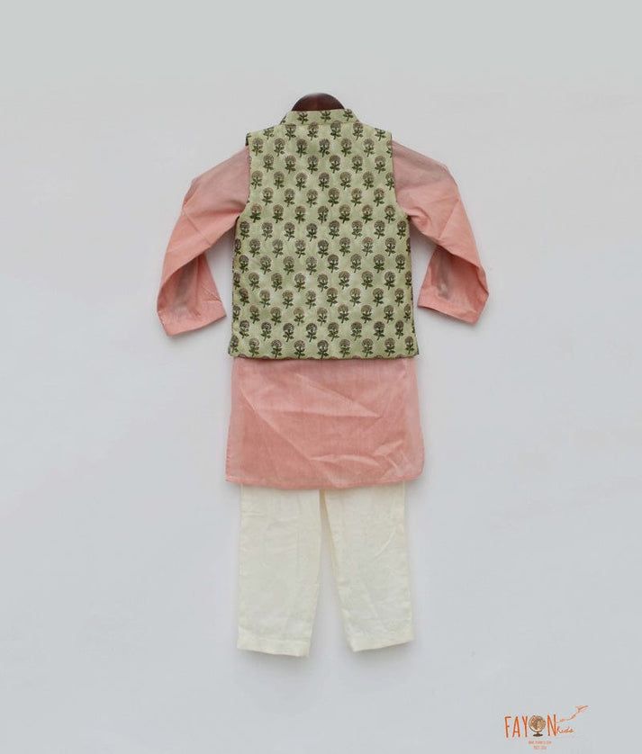 Fayon Kids Green Printed Jacket with Peach Kurta Off White Pant for Boys