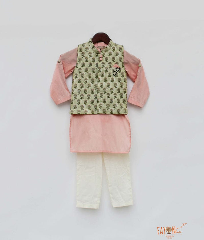 Fayon Kids Green Printed Jacket with Peach Kurta Off White Pant for Boys