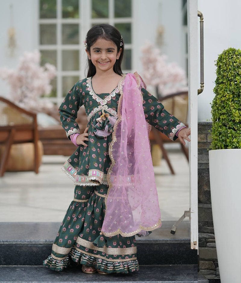 Buy Nautinati Girls Printed Pure Cotton Kurti with Sharara Dupatta (Set of  3) online