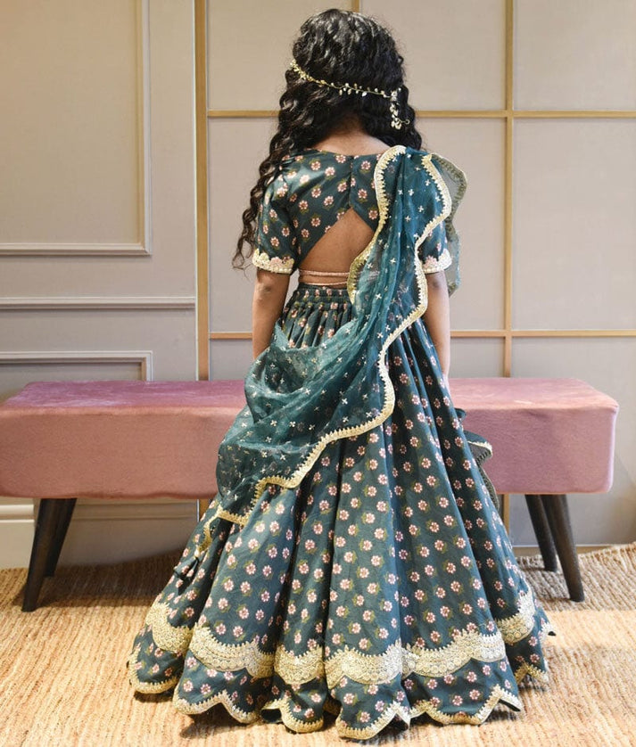 Green Printed Lehenga Choli and Dupatta for Girls