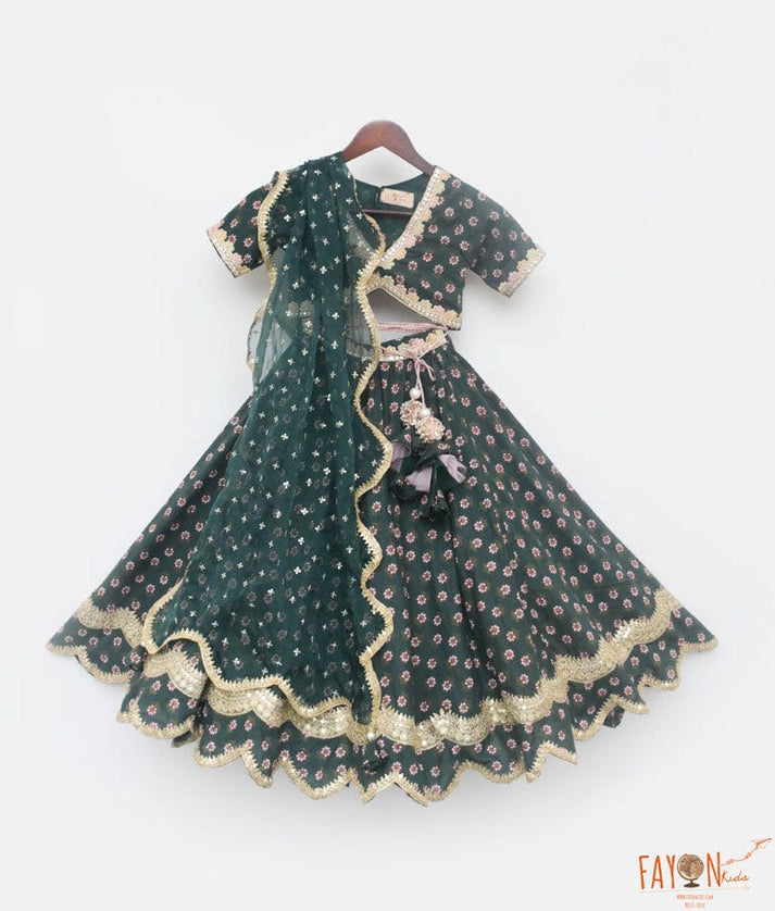 Green Printed Lehenga Choli and Dupatta for Girls