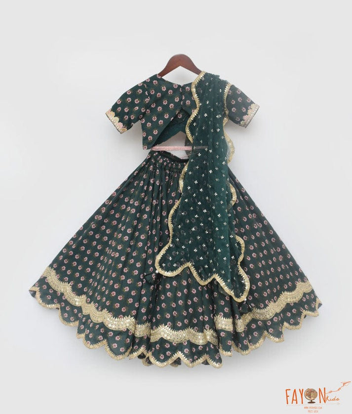 Green Printed Lehenga Choli and Dupatta for Girls