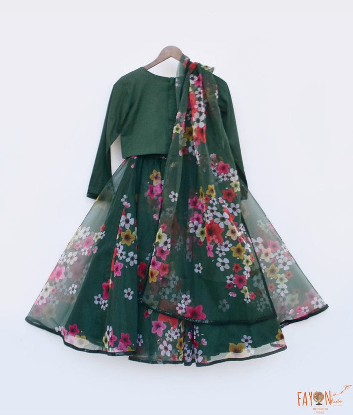 Fayon Kids Green Printed Organza Lehenga Top Dupatta for Girls