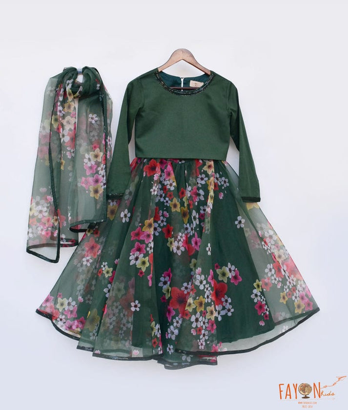 Fayon Kids Green Printed Organza Lehenga Top Dupatta for Girls