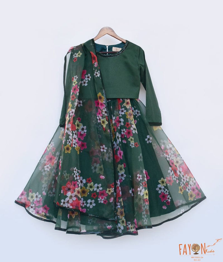 Fayon Kids Green Printed Organza Lehenga Top Dupatta for Girls