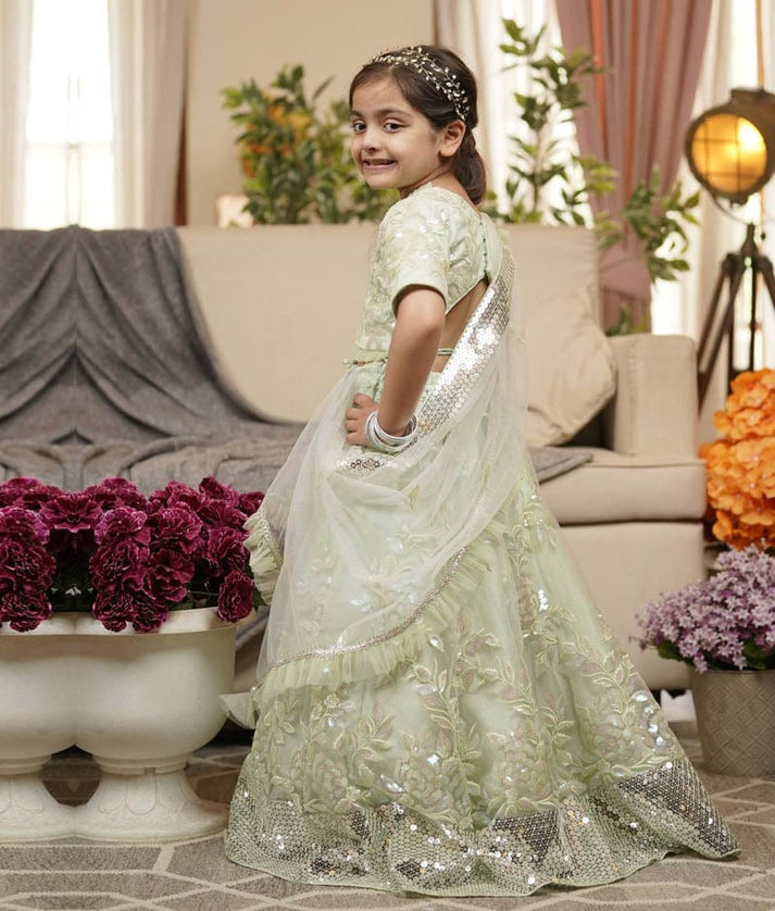 Green Sequins Embroidery Lehenga Choli and Dupatta for Girls