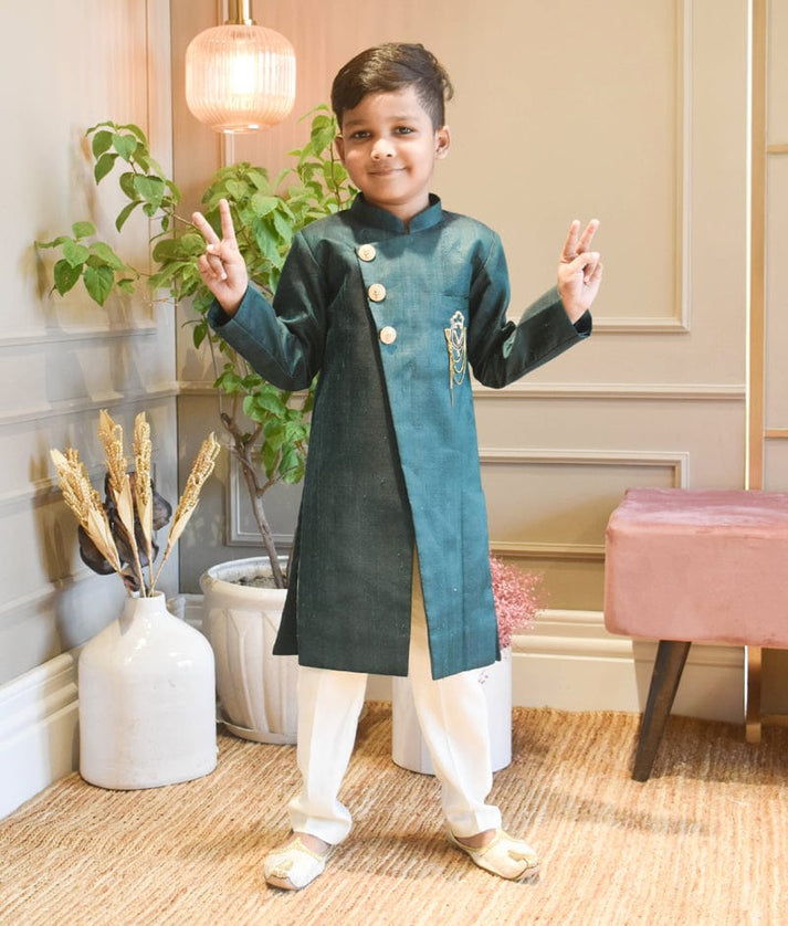 Green Silk Sherwani and Pant for Boys