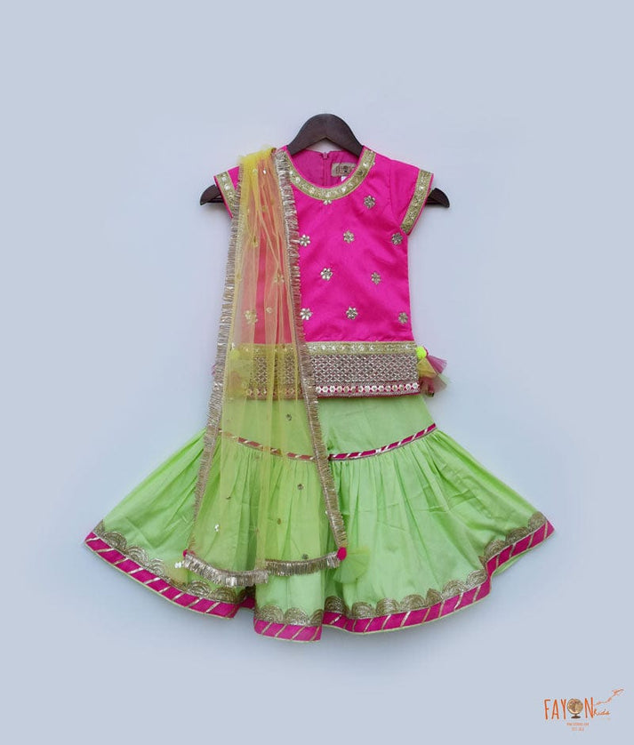 Fayon Kids Hot Pink Dupion Silk Green Cotton Silk Sharara with Kurti Boti Net Dupatta for Girls