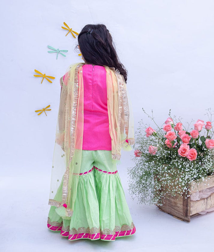 Fayon Kids Hot Pink Dupion Silk Green Cotton Silk Sharara with Kurti Boti Net Dupatta for Girls