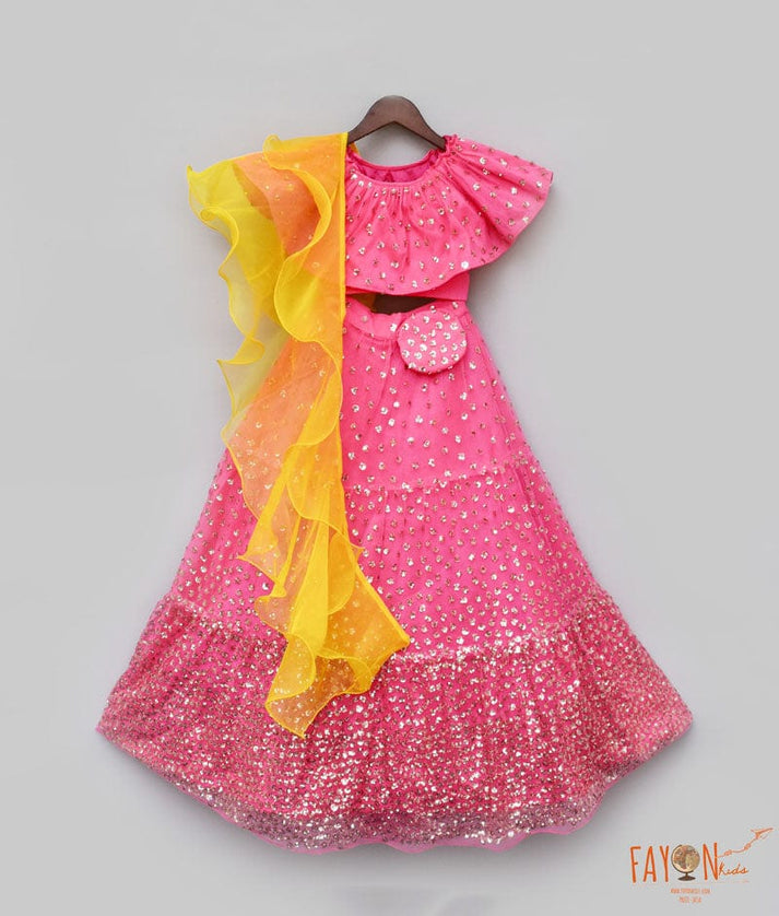 Fayon Kids Hot Pink Sequins Lehenga with Top Organza Dupatta for Girls