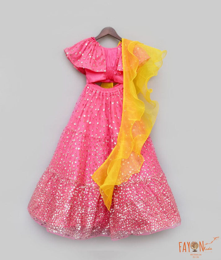 Fayon Kids Hot Pink Sequins Lehenga with Top Organza Dupatta for Girls