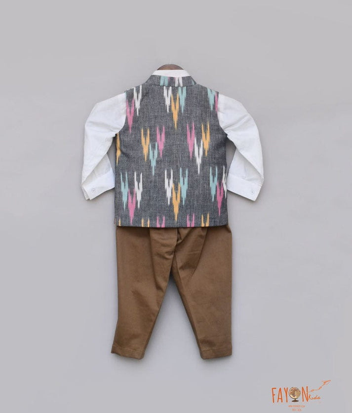 Fayon Kids Ikat Print Nehru Jacket with Shirt Brown Pant for Boys