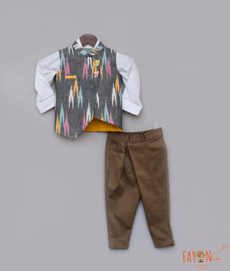 Buy Ikat Print Nehru Jacket with Shirt Brown Pant for Boys Online