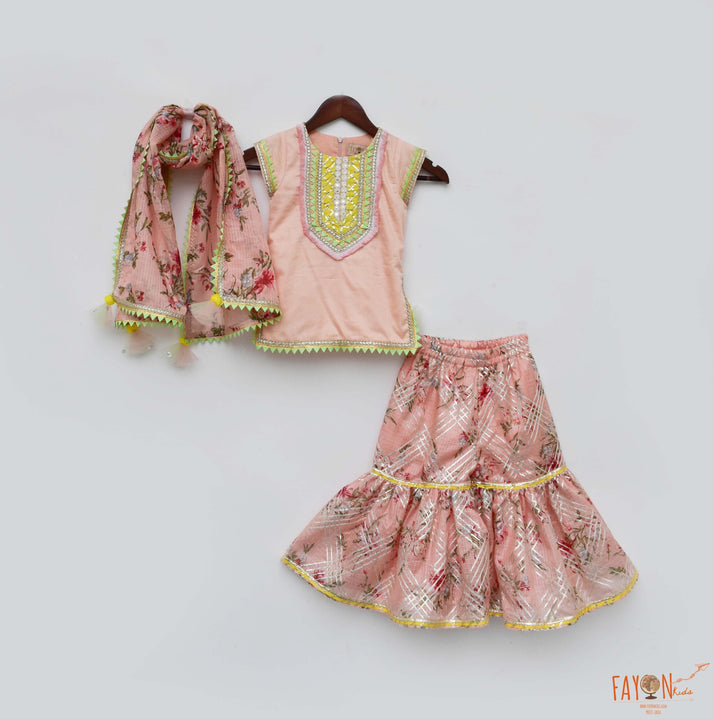 Fayon Kids Kotta printed cotton silk peach Kurti Sharara with Dupatta set for girls