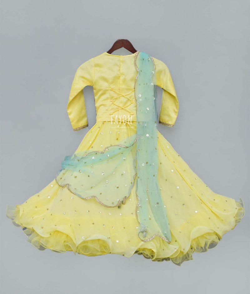 fayon kids lemon yellow sequin booti lehenga with embroidery choli boti net dupatta for girls 36895908790528