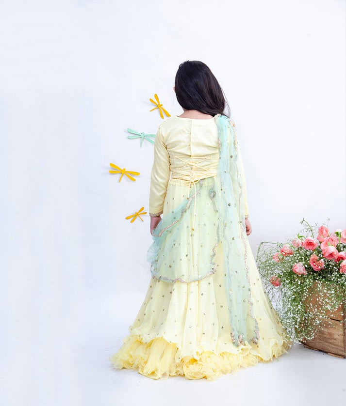 Fayon Kids Lemon Yellow Sequin Booti Lehenga with Embroidery Choli Boti Net Dupatta for Girls