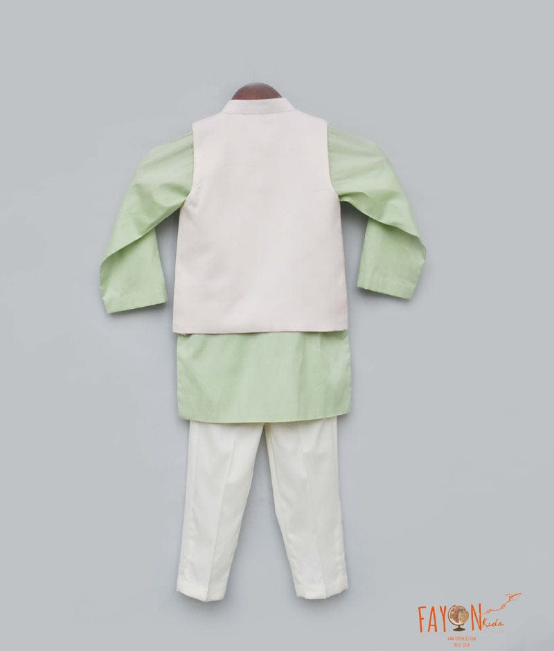 Hangup Light Green Regular Fit Print Kurta & Pyjamas With Nehru Jacket