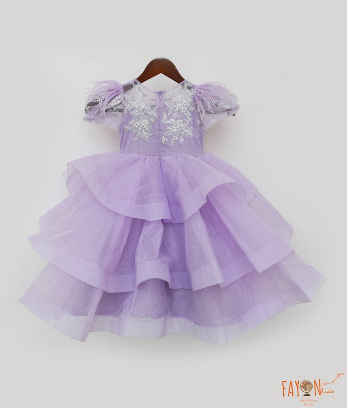 Lilac Net Gown with White Dori Embroidery for Girls