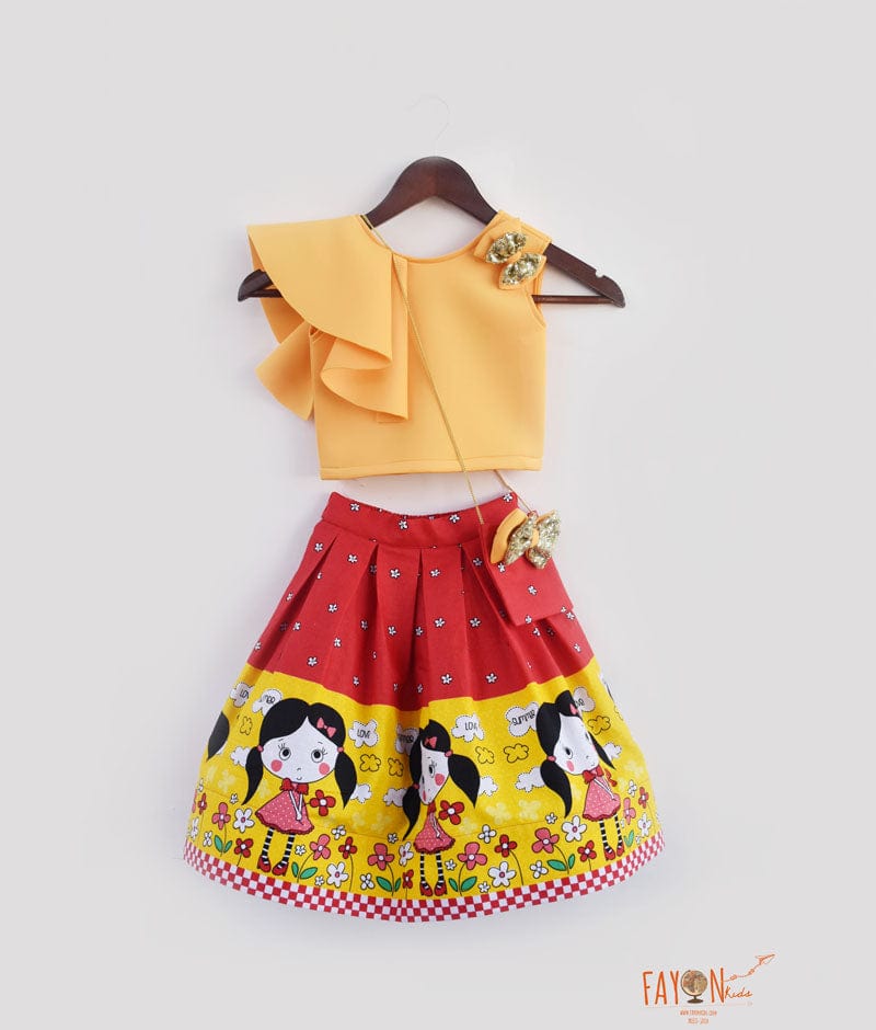 Buy Mango Yellow Neoprene Red Cotton Printed Crop Top with Skirt