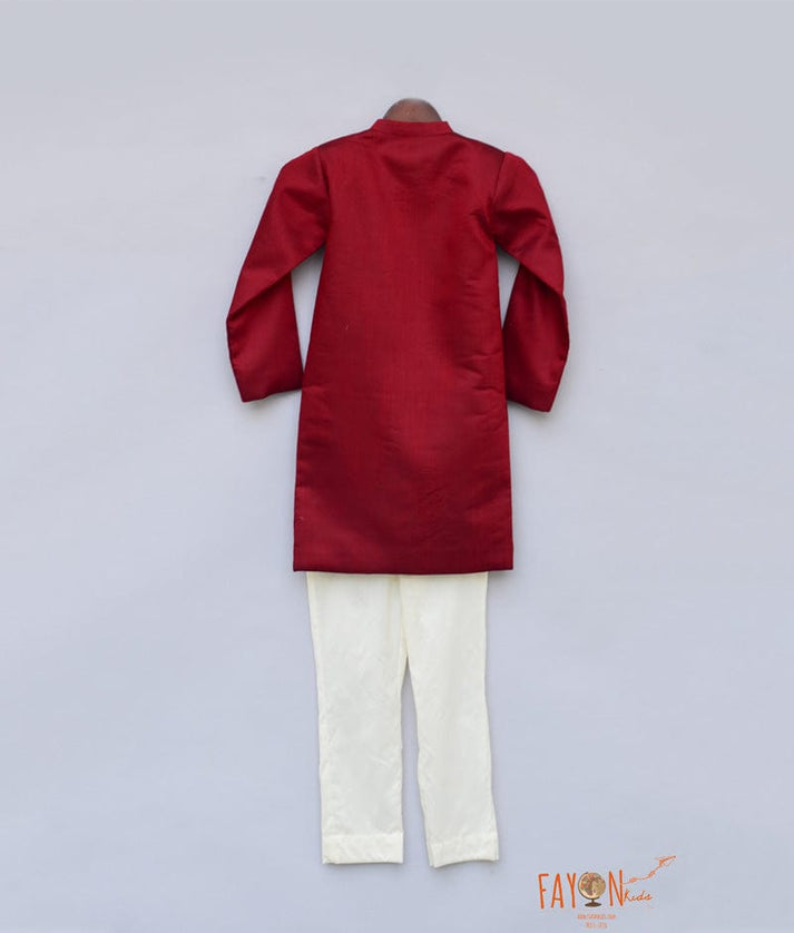 Fayon Kids Maroon Embroidery Ajkan with Chudidar for Boys