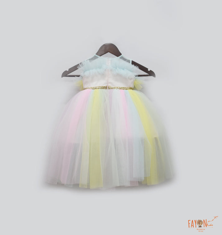 Fayon Kids Multi Colour Net Gown with Glitter Bow for Girls