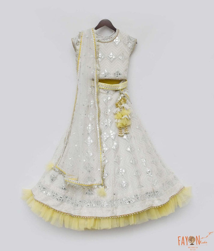 Fayon Kids Off white Gota Embroidery Lehenga with Choli Boti Net Dupatta for Girls