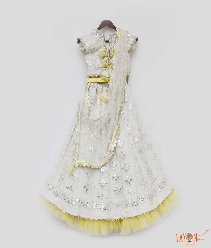 Fayon Kids Off white Gota Embroidery Lehenga with Choli Boti Net Dupatta for Girls