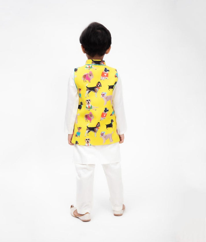 Fayon Kids Off white Kurta with Printed Jacket Pant for Boys