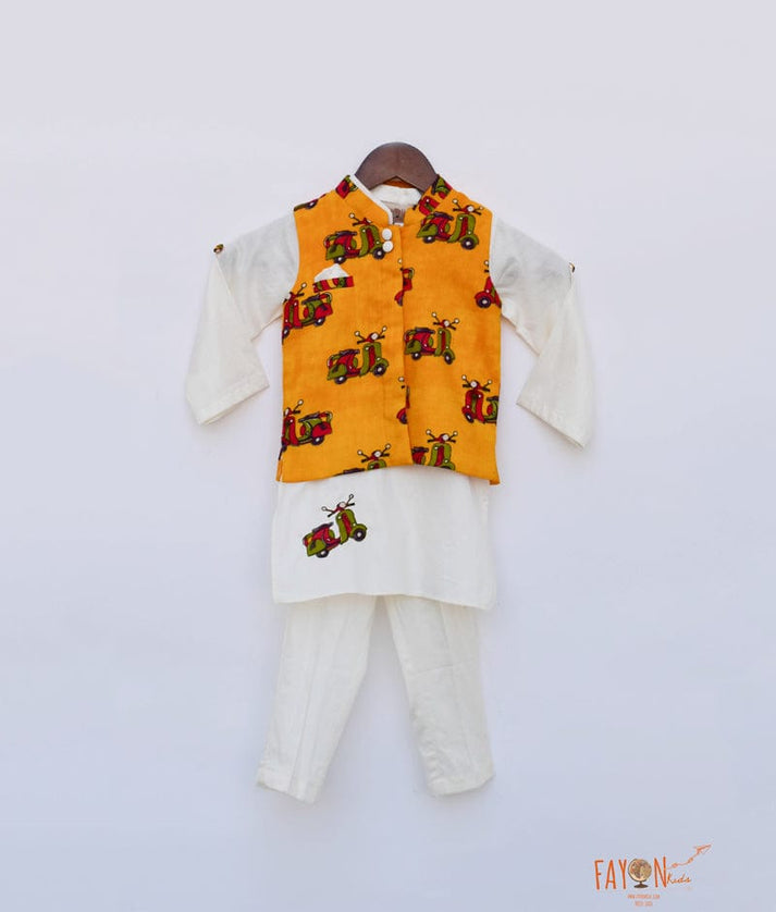 Fayon Kids Off white Kurta with Scooter Print Jacket Pant for Boys