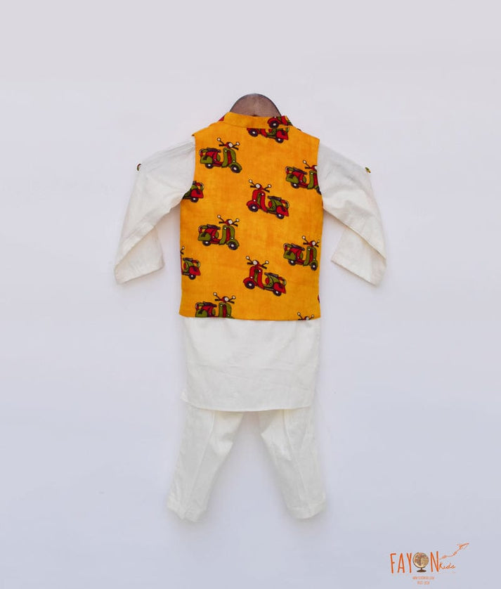 Fayon Kids Off white Kurta with Scooter Print Jacket Pant for Boys