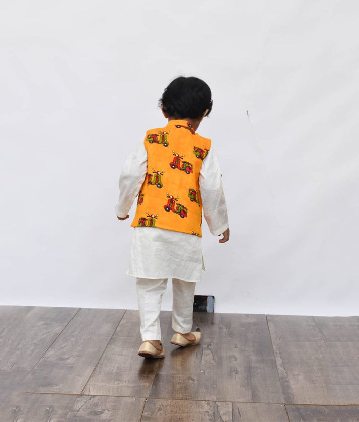 Fayon Kids Off white Kurta with Scooter Print Jacket Pant for Boys