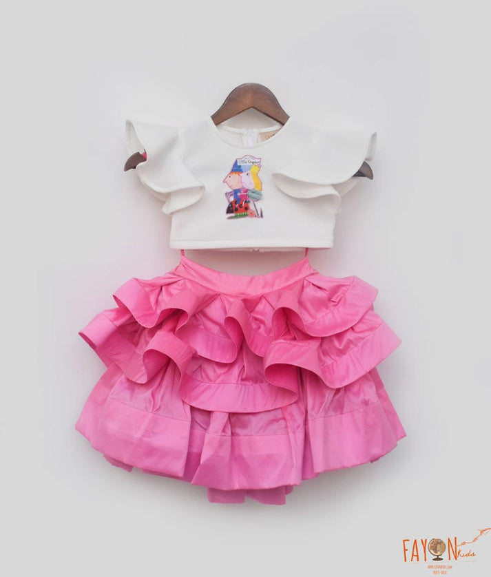 Off white Lycra Top and Pink Silk Skirt for Girls