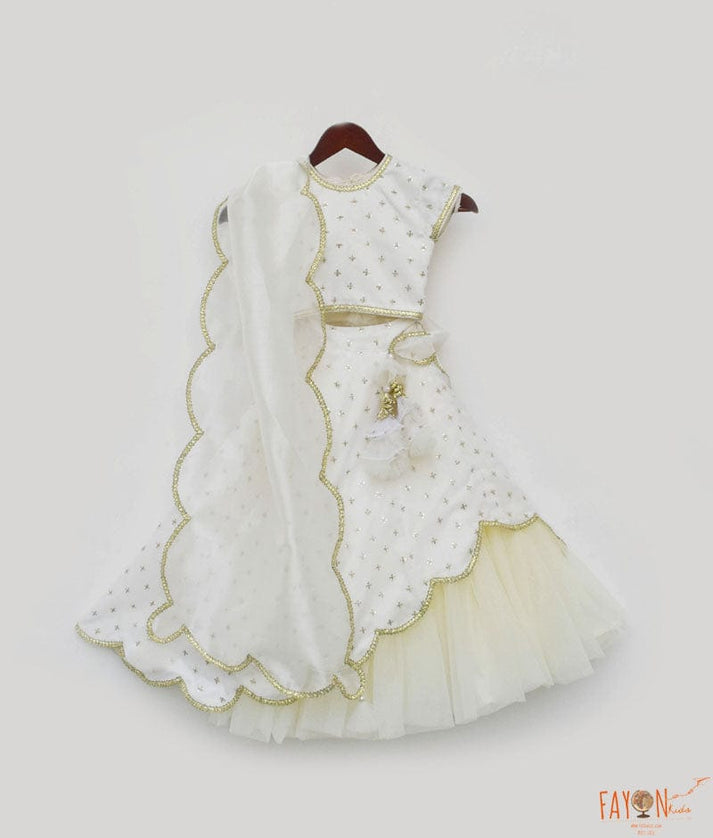 Fayon Kids Off White Organza Lehenga Choli and Dupatta for Girls