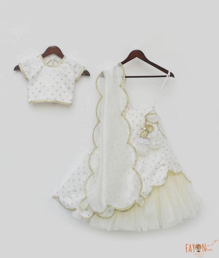 Fayon Kids Off White Organza Lehenga Choli and Dupatta for Girls