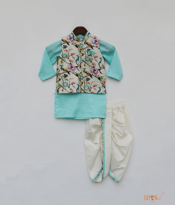 Fayon Kids Off white Printed Jacket with Blue Kurta Dhoti for Boys