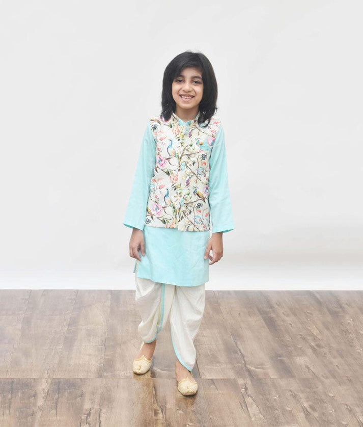 Fayon Kids Off white Printed Jacket with Blue Kurta Dhoti for Boys