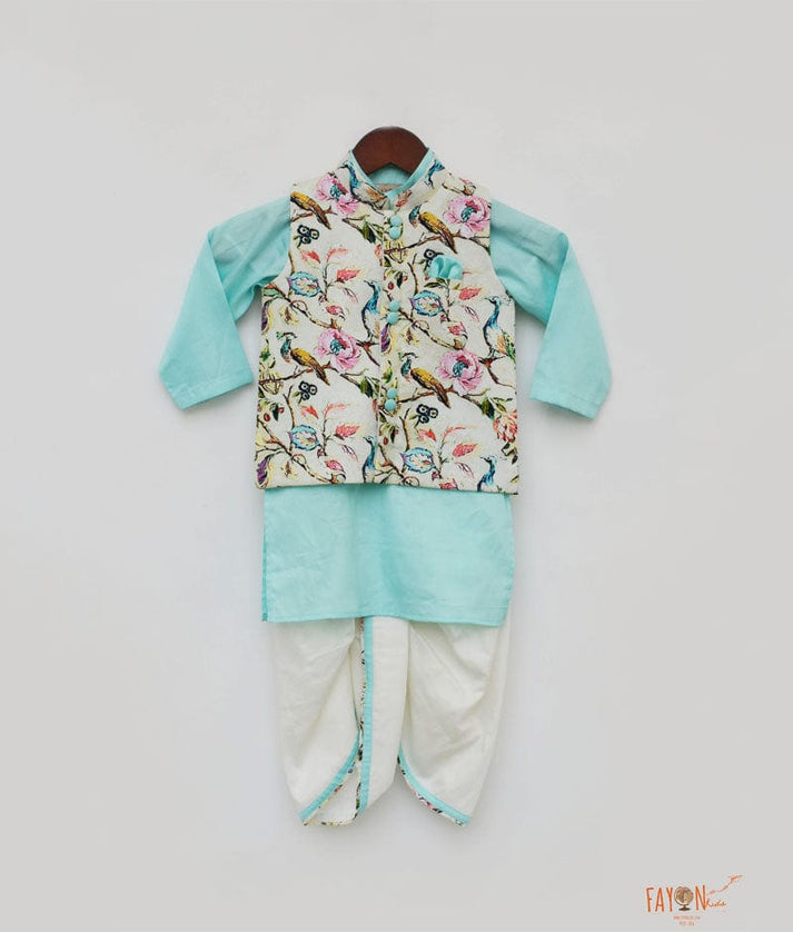 Fayon Kids Off white Printed Jacket with Blue Kurta Dhoti for Boys