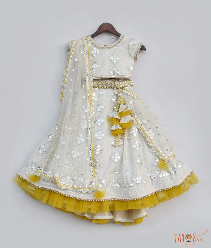 Fayon Kids Off white Thread and Gota Embroidery Lehenga with Choli Boti Net Dupatta for Girls