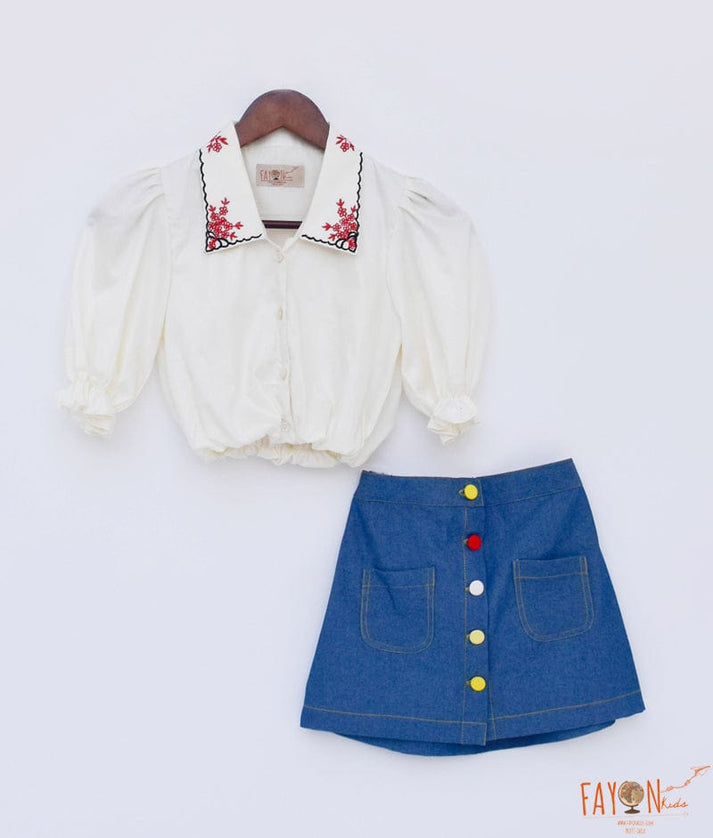 Fayon Kids Off white Top Denim Skirt for Girls