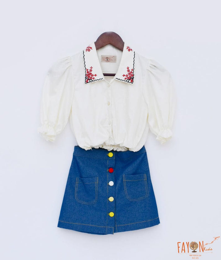 Fayon Kids Off white Top Denim Skirt for Girls