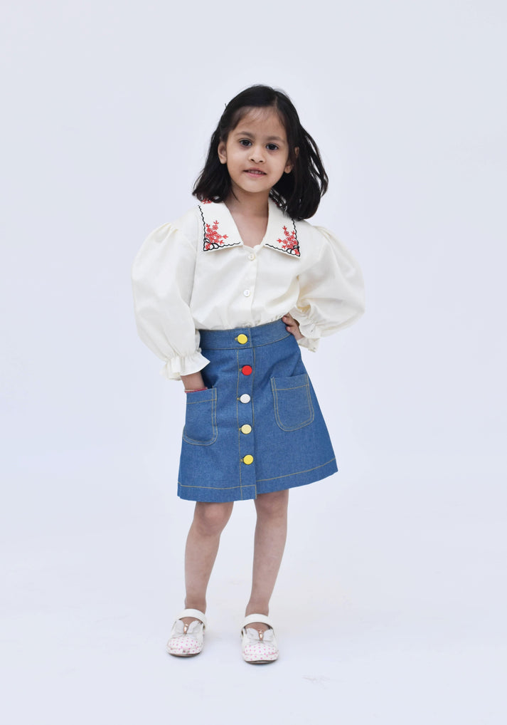 Fayon Kids Off white Top Denim Skirt for Girls