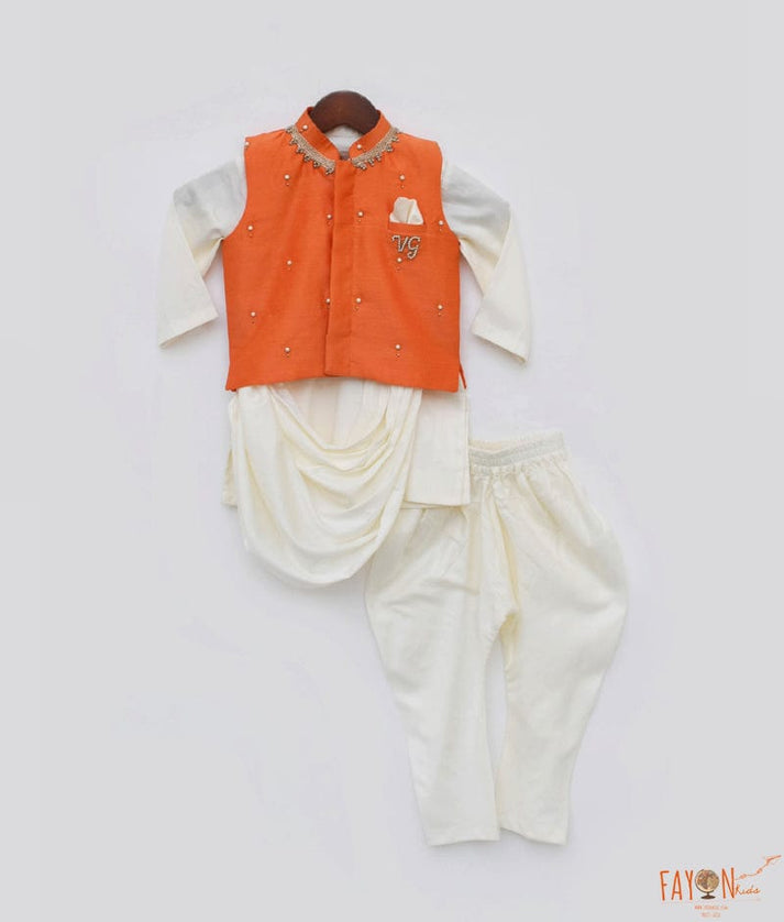 Fayon Kids Orange Chanderi Nehru Jacket Off white Cowl Kurta Chudidar for Boys