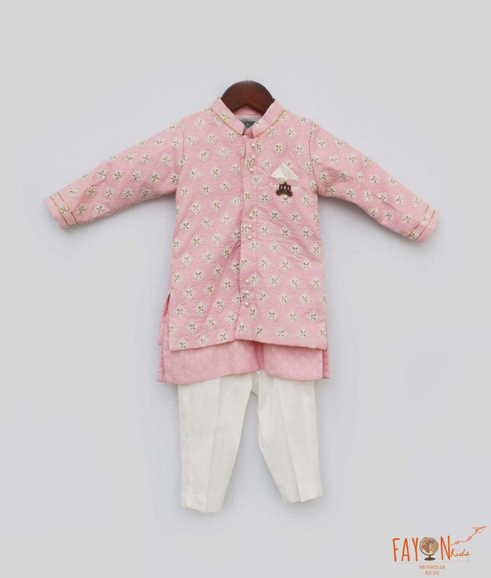 Fayon Kids Pastel Pink Embroidery Jacket with Kurta Pant for Boys