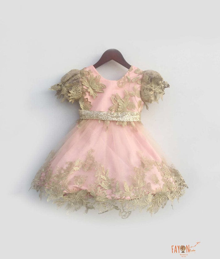 Fayon Kids Pastel Pink Floral Golden Net Frock for Girls