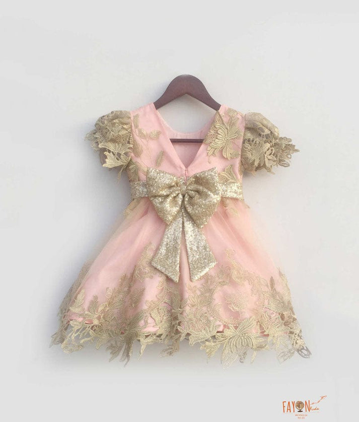 Fayon Kids Pastel Pink Floral Golden Net Frock for Girls