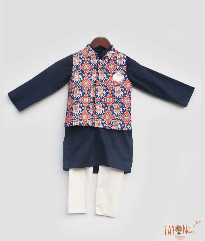 Fayon Kids Patola Print Nehru Jacket with Navy Blue Kurta Pant for Boys