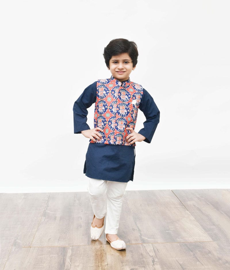 Thiya Kids Ethnic Wear Kurta Pyjama And Anchor Navy Print Nehru Jacket Set,  Size: S,L at Rs 1499/set in Surat